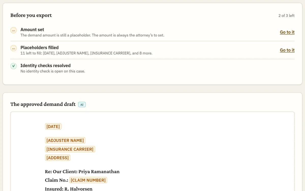 A screen from Brennick: Demand letters