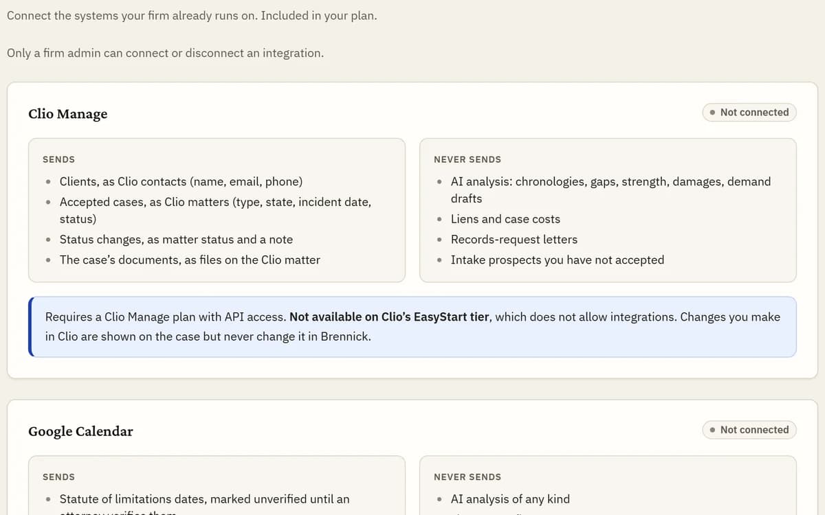 A screen from Brennick: Integrations