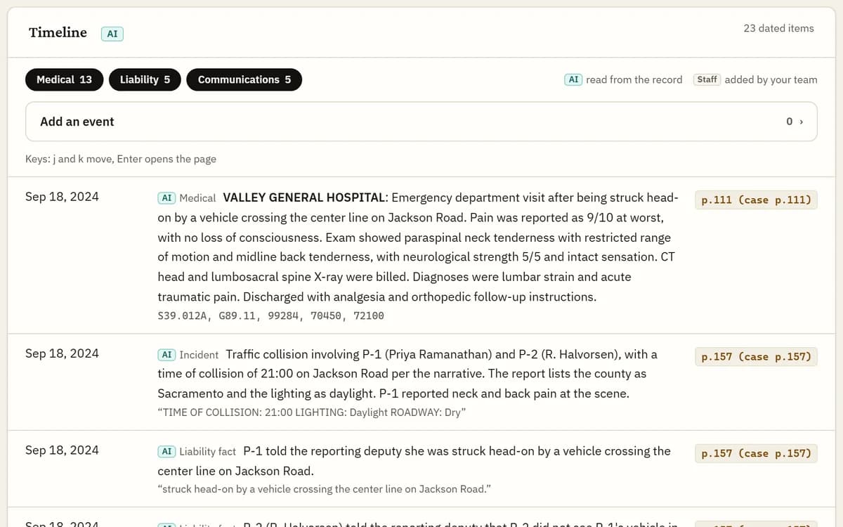 A screen from Brennick: Case timelines