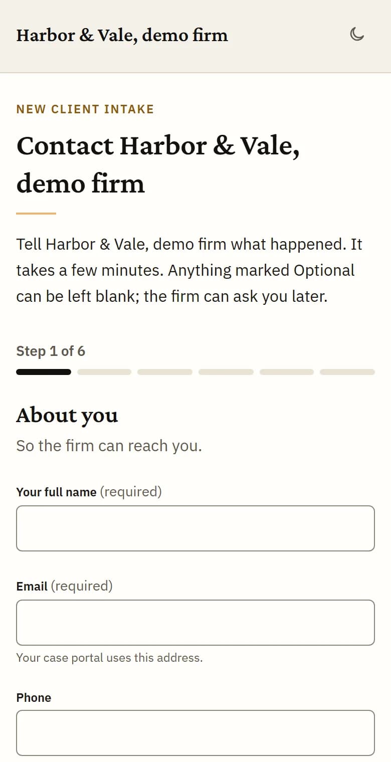 Step 1 of a sample firm’s intake page on a phone.