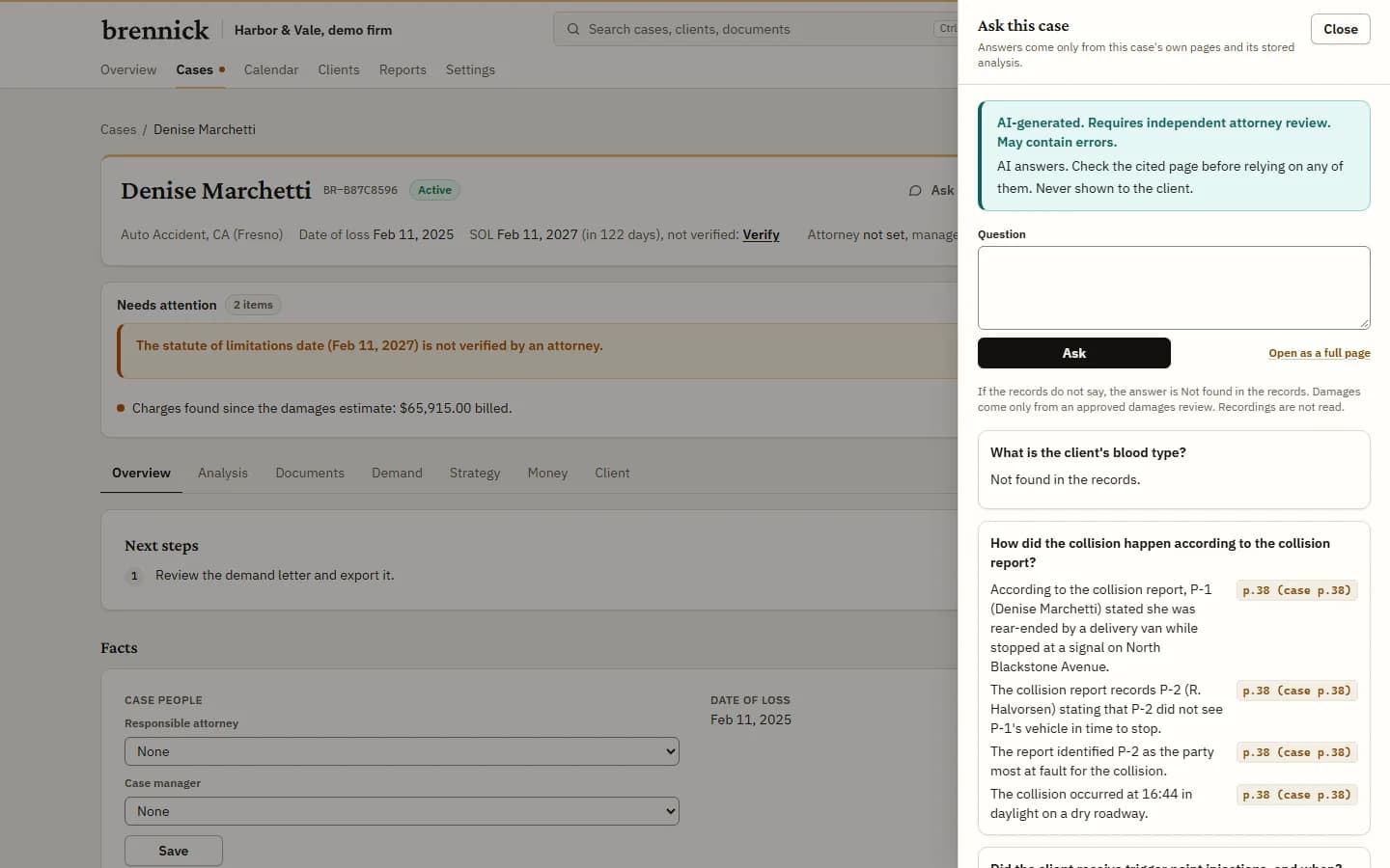 The Ask this case screen for a sample client: a question, an answer in short claims, and a page number and quote under each claim.
