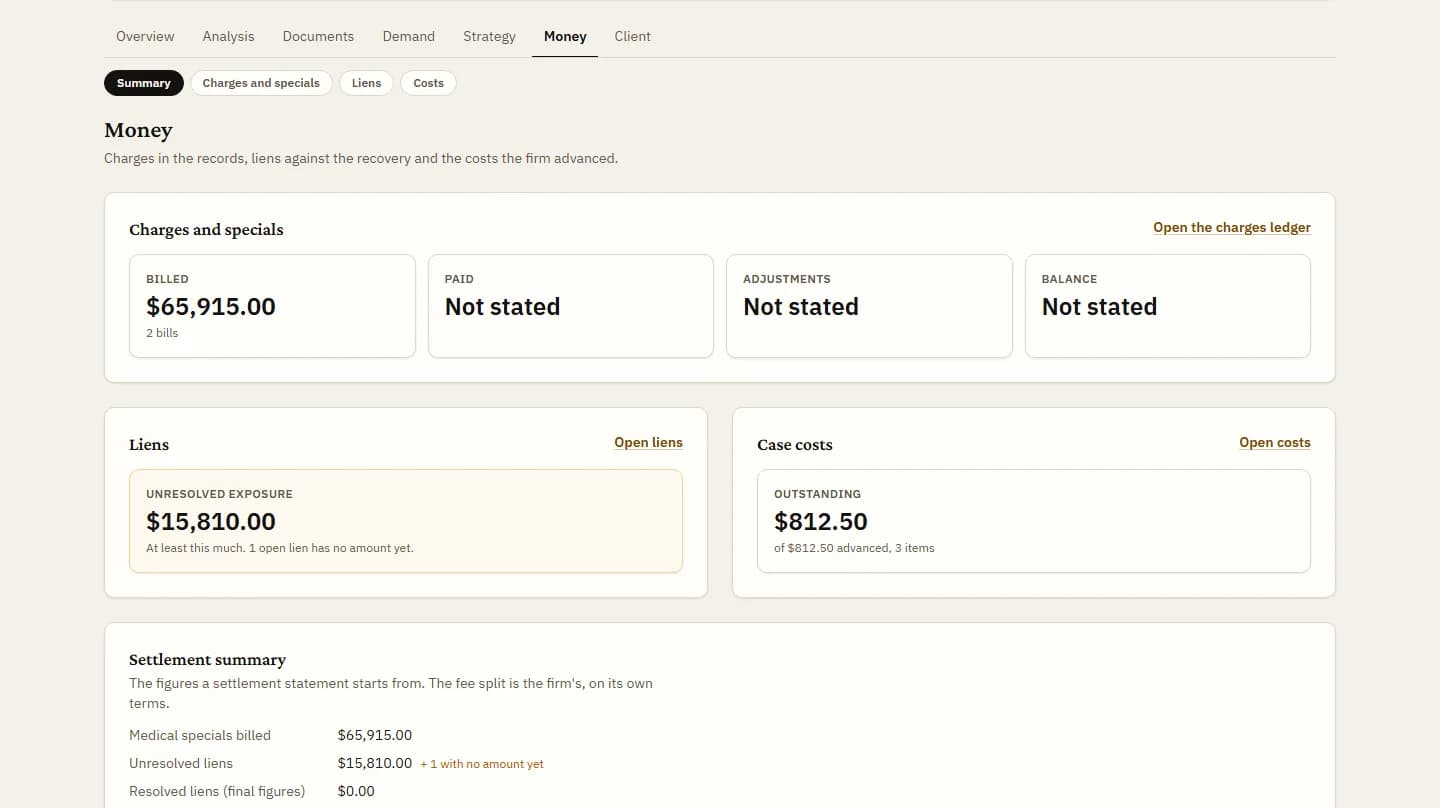 The Money tab of a sample case: charges from the bills, case costs and liens.