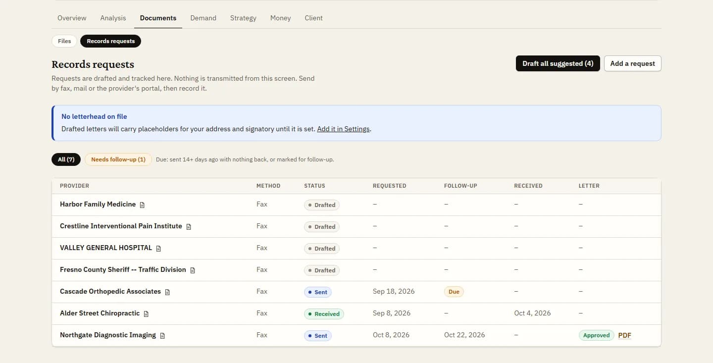 The Records tab of a sample case: requests by provider with their status, letters to approve and follow-up dates.